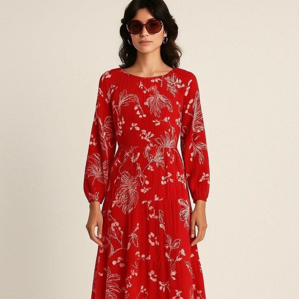 Vintage Montgomery Ward Red Floral Pleated Midi Dress Size 12 Made in USA